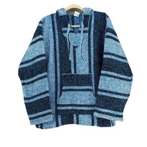 Artesanias Cuamatzi Mexican‎ Baja Hoodie Blue Black Woven Hooded Drug Rug Medium